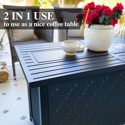 Patio Furniture Set with Firepit Table, 4 Pcs Metal Outdoor Conversation Set, 2 Single Chairs and 3 Seater Sofa with 5.75" Extra Thick Cushion and Gas Fire Pit Table for Backyard Deck, Beige