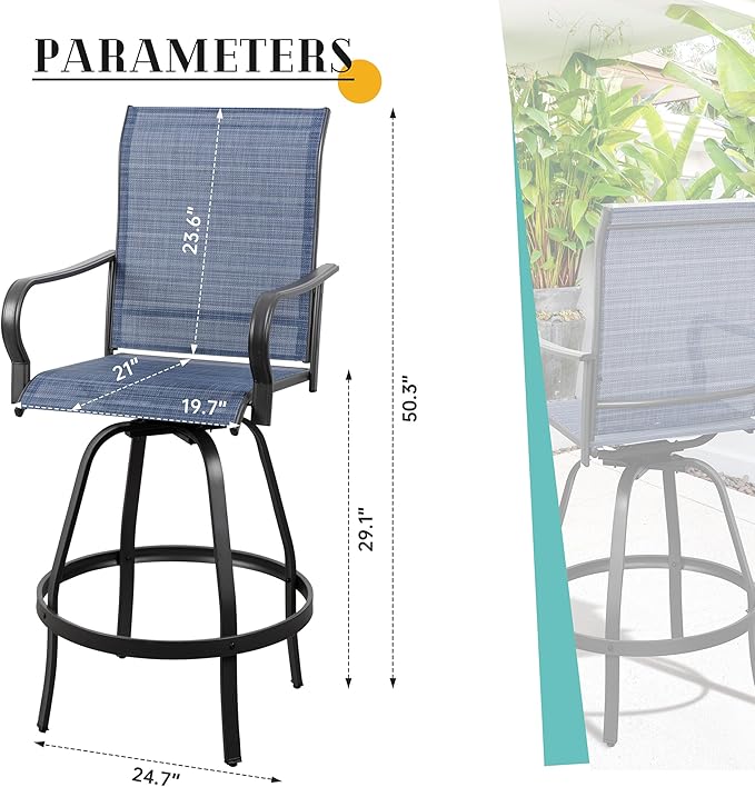 Vongrasig 6 Piece Patio Swivel Bar Chairs, All Weather Metal Textile High Swivel Bar Stools Chairs, Outdoor High Top Bistro Set for Backyard, Lawn Garden, Balcony, Denim Blue