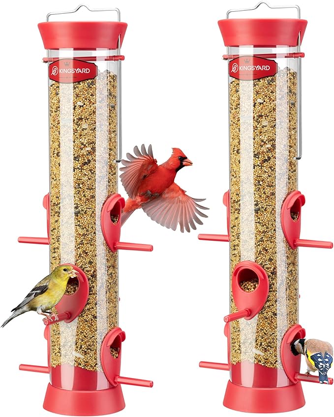 Kingsyard 2 Pack Tube Bird Feeder for Outdoors Hanging, Removable Base and Perch, 6 Feeding Ports - Easy to Clean, Premium Hard Plastic, Attracting for Finches Cardinals (Red)