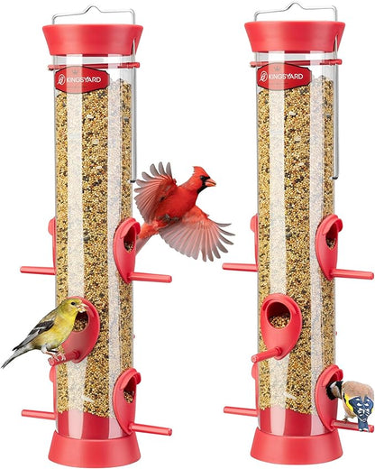 Kingsyard 2 Pack Tube Bird Feeder for Outdoors Hanging, Removable Base and Perch, 6 Feeding Ports - Easy to Clean, Premium Hard Plastic, Attracting for Finches Cardinals (Red)
