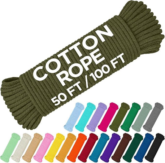 TECEUM Cotton Rope 3/16” (5 mm) – 100 FT – Strong All-Purpose Braided Rope – Natural Cotton – for Crafting, Сamping, Clothes Line, DIY, Indoor & Outdoor Use – Army Green