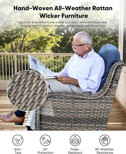 7-Piece Outdoor Wicker Patio Furniture Set with Swivel Glider Chairs, 3-Seat Sofa, Coffee Table & Ottomans 5” Olefin Cushions Ergonomic Neck-Lumbar Backrest All-Weather Rattan for Garden, Deck, Porch