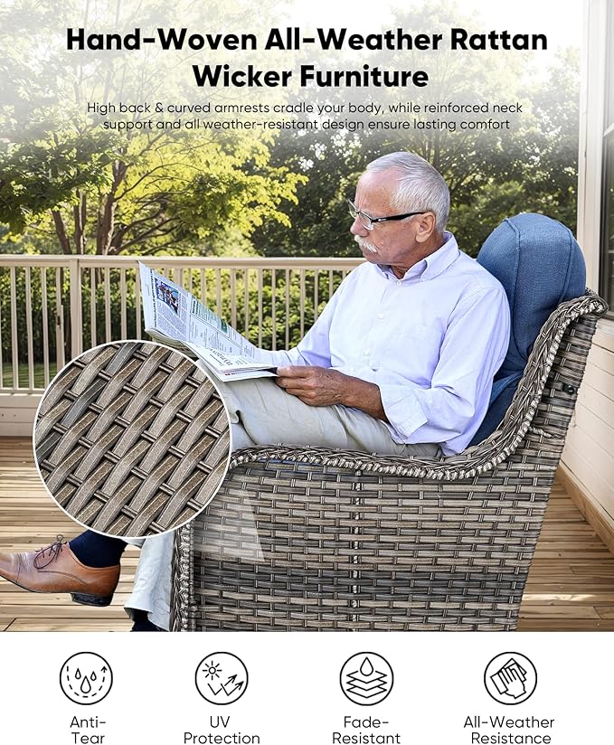 HUMMUH 4 Pieces Patio Furniture Set with Fire Pit High Back Outdoor Furniture Set 6-inch Cushions Wicker Patio Swivel Rocker Chairs for Balcony Garden,Lawn,Deck