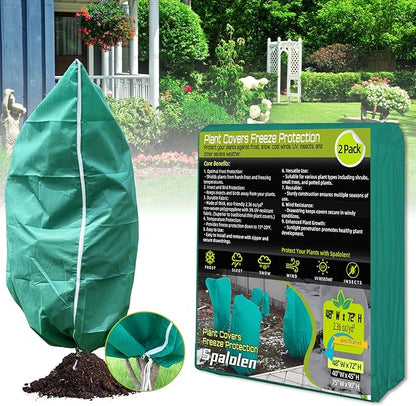 2 Pack Plant Covers Freeze Protection, 48"W x 72"H Winter Frost Blanket 2.36 oz/yd² Fabric Frost Cloth Tree Covers Shrub Jacket Bag with Zipper & Drawstring for Plants Fruit Tree Shrub Potted - Green