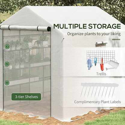 Outsunny 8' x 6' x 7' Walk-in Greenhouse, PE Cover, 4-Tier Shelves, Steel Frame Hot House, Roll-Up Zipper Door for Flowers, Vegetables, Saplings, Tropical Plants, White