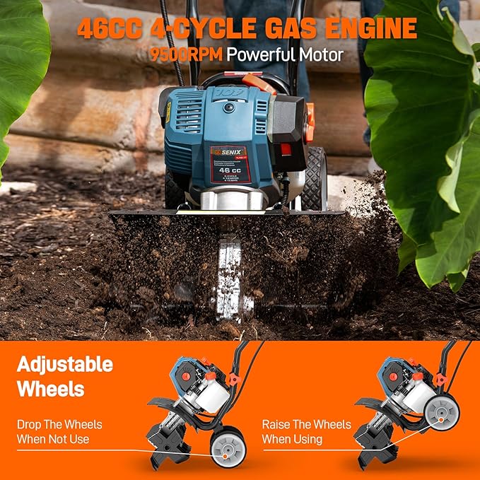 SENIX 4QL 4-Cycle Gas Powered Tiller Cultivator, 46cc Full Crank Engine, 15-Inch Tilling Width, 8-Inch Tilling Depth, Easy Start, Foldable Handles for Compact Storage (TL4QL-L1)