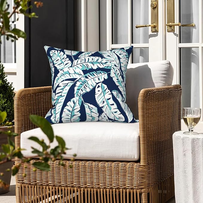 LVTXIII Outdoor Throw Pillows, Decorative Throw Pillows with Inserts, 16"x16" Square Pillows for Bed, Couch, Sofa and Patio Furniture, Set of 2, Baltic Palms White