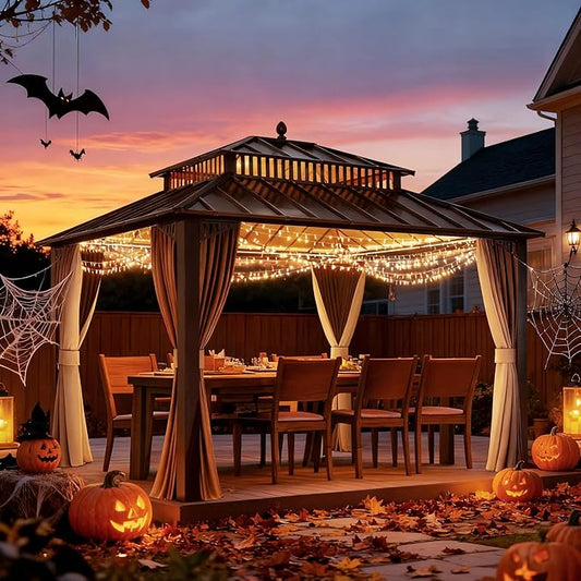 SUNJOY Kingston 12' x 10' Hardtop Gazebo with Galvanized Steel Double Roof, Curtain and Netting, Brown Aluminum Posts Permanent Pavilion Gazebo for Garden, Patio, Deck, Lawn