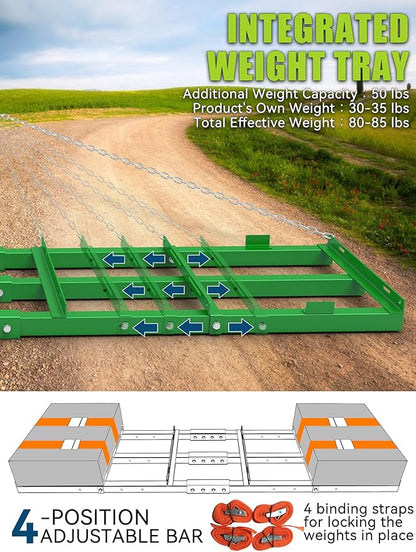 8ft Heavy Duty Drag Harrow for ATV, UTV, Tractor - Adjustable Tow Behind Leveling Rake with Weight Tray for Driveway Grader, Lawn, Field, Pasture, Food Plot Maintenance, Green(96 inch)