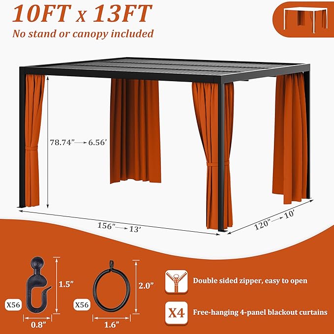 Gazebo Universal Replacement Privacy Curtain,10'×13' Gazebo Outdoor Waterproof Curtains, 4-Panels Sidewall Curtains with Double Zipper for Patio Canopy, Garden and Backyard (Curtain Only)