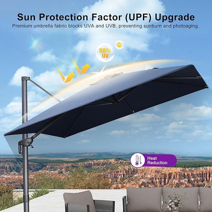 PURPLE LEAF 9 FT Outdoor Umbrella with Base Patio Cantilever Aluminum Umbrella with 3 Years Fade Resistance Recycled Fabric Offset Square with 360-degree Rotation for Deck Pool Garden, Ocean Slate