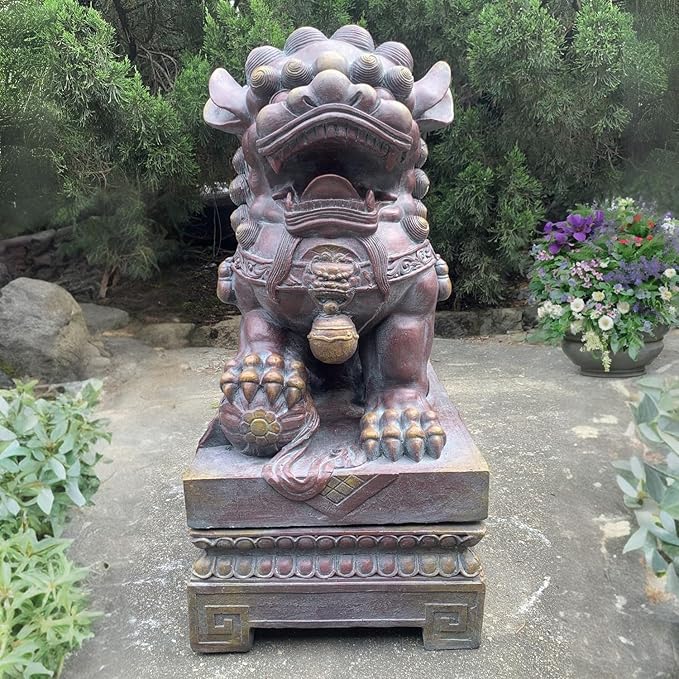 Zaer Ltd. Set of 2 Traditional Fu Dog Garden Statues, Chinese Guardian Lion Sculptures with Pedestals, Made with Magnesium-Cement (Blue-Bronze)