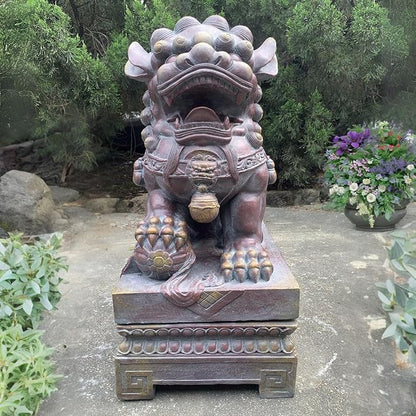 Zaer Ltd. Set of 2 Traditional Fu Dog Garden Statues, Chinese Guardian Lion Sculptures with Pedestals, Made with Magnesium-Cement (Blue-Bronze)