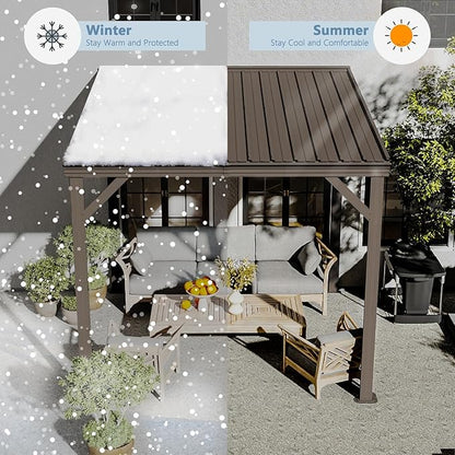 Domi 8’ x 8’ Wall-Mounted Hardtop Gazebo Pergola – Permanent Lean-to Outdoor Shelter with Sloped Galvanized Steel Roof & Upgraded Drainage – Grey Metal Patio Cover for Backyard, Deck, Garden, Brown
