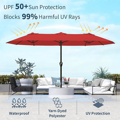 15FT Double Sided Patio Umbrella with Base Included Large Outdoor Market Umbrella with Crank Handle, UV Resistant Canopy, Sturdy Frame for Garden, Poolside, Deck, Red