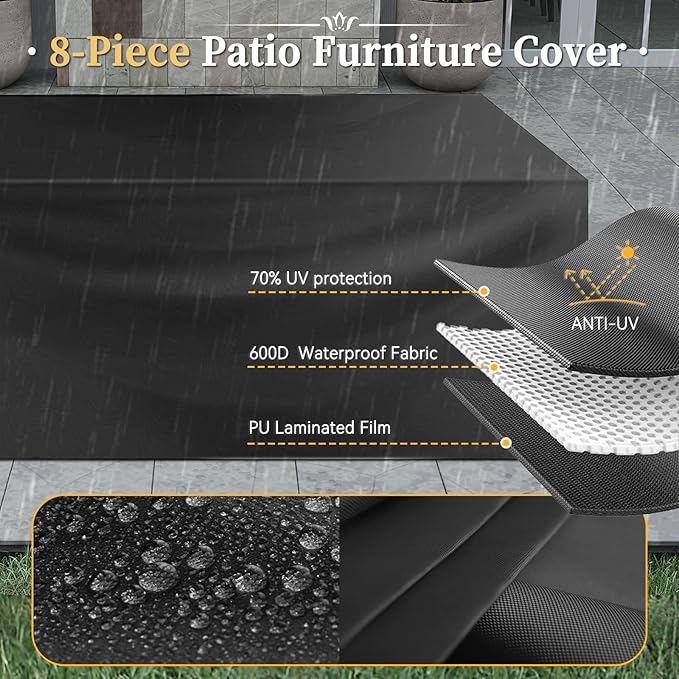 Aoxun 8 Piece Patio Furniture Set with 44” Fire Pit Table Wicker Rattan Outdoor Sectional Sofa Set with Coffee Table and Thickened Cushions, Beige (Waterproof Cover Included)