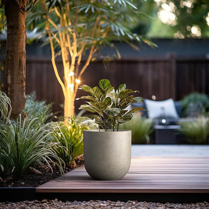 Kante 11.0" Round Concrete Planter, Large Cylinder Plant Pot with Curved Bottom and Drainage Hole, for Indoor and Outdoor Use – Garden or Patio, Weathered Concrete Finish with Warm Brown Interior