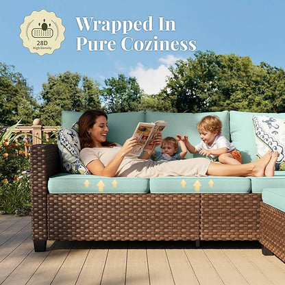 Patio Furniture Set, 6 Pcs Wicker Rattan Outdoor Conversation Set, 2 x Leg Chairs, 1 x 3 Seater Sofa and 2 x Ottoman with 4" Thick Cushion and 56" Fire Pit Table, Blue
