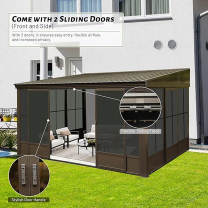 10'x12' Sunroom Wall Mounted, All Season Lean to Solarium with Metal Roof (Galvanized Steel), Aluminum Frame Outdoor Enclosed Gazebo with 2 Sliding Doors and PVC Windows for Patio, Deck, Garden