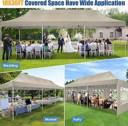 HOTEEL 10x30 Pop up Canopy Tent for Parties, Heavy Duty Easy Setup Tent with 8 Sidewalls, Outdoor Commercial Instant Gazebo for Wedding Event, with Portable Bag & Sand Bags, Khaki(Hexagonal Frame)