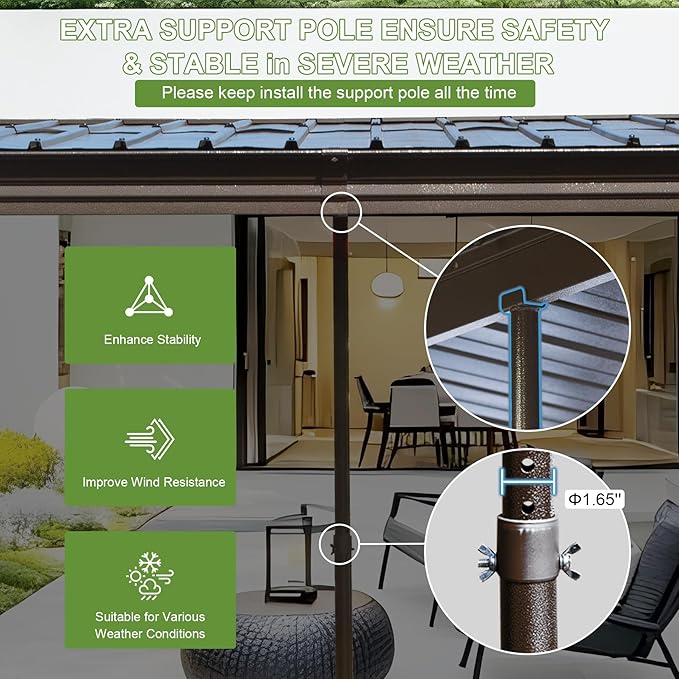 10x14FT Lean to Gazebo, Outdoor Hardtop Wall Mounted Gazebo with Gutter & Sloping Galvanized Steel Roof, Metal Frame Mount Gazebos with Netting & Curtain for Deck, Porch, Backyard