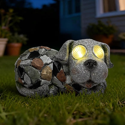 Outdoor Garden Decor Solar Dog Statue & Sculpture, Cute Dog Garden Statue, Solar Yard Decorations for Lawn Patio Front, Stone Resin Figurine ldeal Gift for Mom