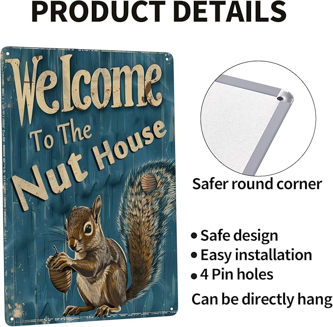 Funny Squirrels Signs Welcome To The Nut House Squirrels Stuff For Indoor Outdoor Decor 12x8 Inches (Navy)