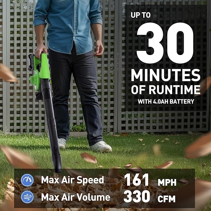 4 Speed Cordless Leaf Vacuum with Bag, 20V Electric Battery Powered, Lightweight Blower and Mulcher, with 2 * 4.0Ah Batteries and 1 Fast Charger, for Patio Cleaning, Lawn Care, Yard Leaves