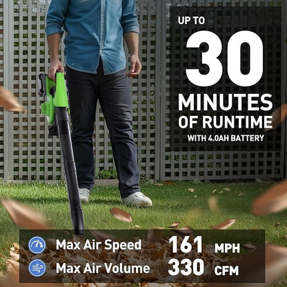 4 Speed Cordless Leaf Vacuum with Bag, 20V Electric Battery Powered, Lightweight Blower and Mulcher, with 2 * 4.0Ah Batteries and 1 Fast Charger, for Patio Cleaning, Lawn Care, Yard Leaves