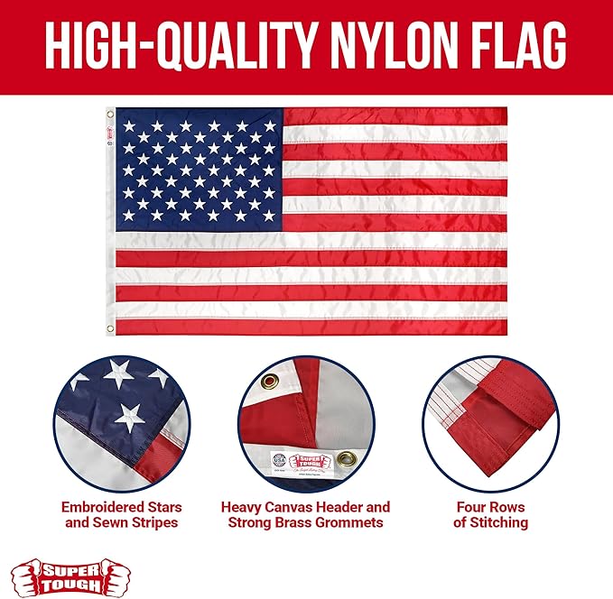 Super Tough 3Ft x 5Ft American Flag - Double Sided, Heavy Duty Nylon USA Flag with Embroidered Stars and Sewn Stripes Suitable for Outdoors - Red/White/Blue