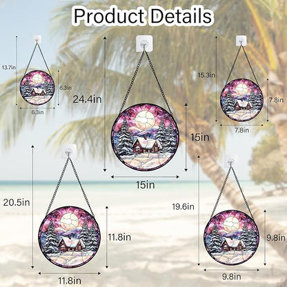 Stained Glass Window Hanging - Winter Snow Scene Cabin Moon Sun Catcher for Door Garden Home Decor Pine Tree Suncatcher Christmas Mother's Day Birthday Gifts for Women Men Mom Nana 9.8 in