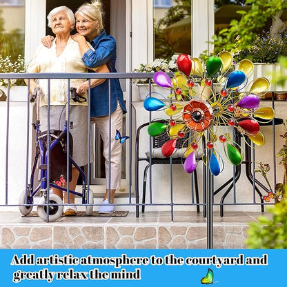 64 inch Garden Wind Spinner, Outdoor Wind Sculpture with 5 Prong Base Stand, Metal Windmill for Lawn Yard Outdoor Art Decorations (B-Colorful)