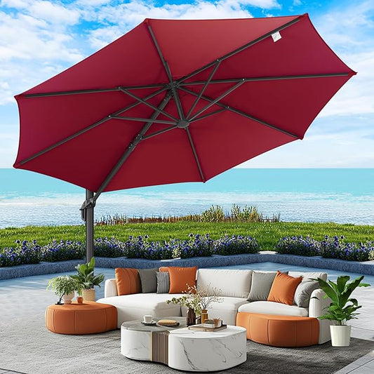 Hotime 10ft Patio Umbrella Outdoor Patio Windproof and Height adjustable, Heavy Duty Aluminum Round Offset Patio Umbrella Cantilever Pool Umbrella with 360°Rotation for Garden Deck Pool, Wine Red