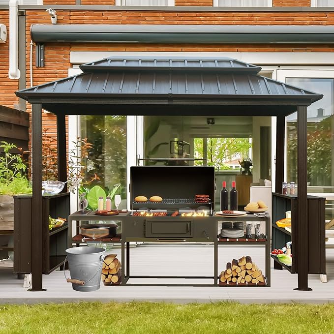 Domi 6x10FT Hardtop Grill Gazebo, Outdoor Metal BBQ Gazebo with Galvanized Steel Double Roof, 2 Double-Layer Storage Cabinets and Ceiling Hooks, Permanent Grill Canopy for Patio Backyard Garden,Brown
