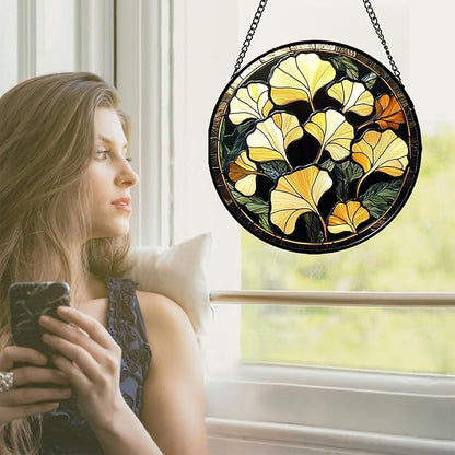 Stained Glass Window Hanging - Ginkgo Leaf Suncatcher for Doors Garden Patio Retro Fall Decor Sun Catchers Christmas Mother's Day Birthday Gifts for Women Men Mom Nana Friend 15 in