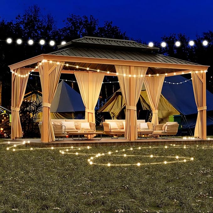 20'x12' Hardtop Gazebo, Heavy Duty Aluminum Permanent Hardtop Gazebo Outdoor Pavilion with Curtains and Netting for Garden (Gray, 20'x12')