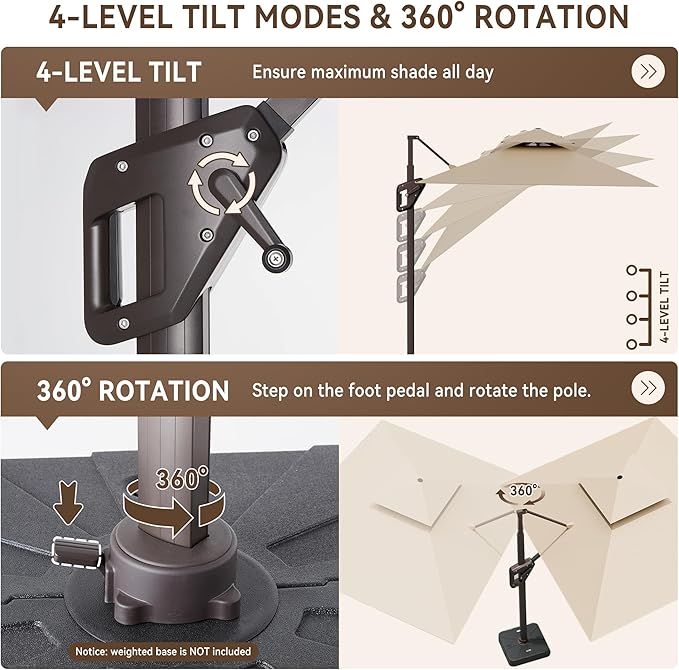 10 X 13 FT Cantilever Outdoor Patio Umbrella with Led Lights Large Heavy Duty 360° Rotation Double Top Offset Rectangular Umbrellas for Backyard Garden Pool Outside Deck, Beige