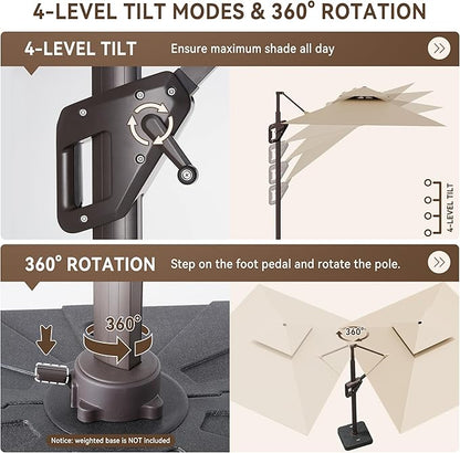 10 X 13 FT Cantilever Outdoor Patio Umbrella with Led Lights Large Heavy Duty 360° Rotation Double Top Offset Rectangular Umbrellas for Backyard Garden Pool Outside Deck, Beige