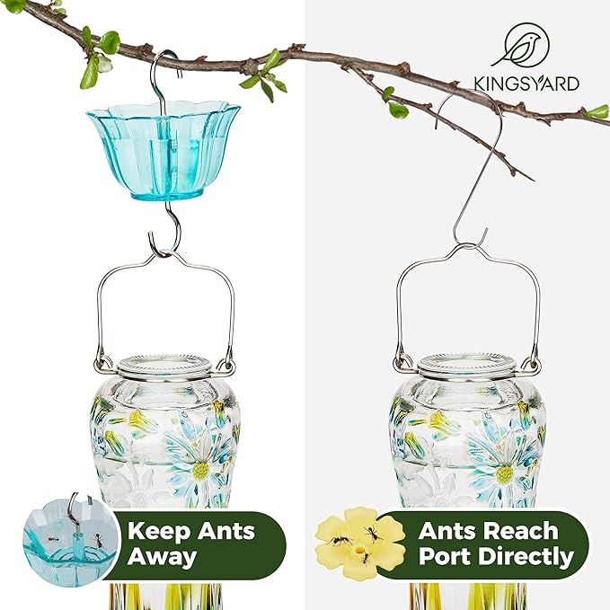 Kingsyard Hummingbird Feeder for Outdoors Hanging, 25 Ounces, Glass Humming Bird Nectar Feeder with Ant Moat & 6 Feeding Ports, Leak Proof, Turquoise
