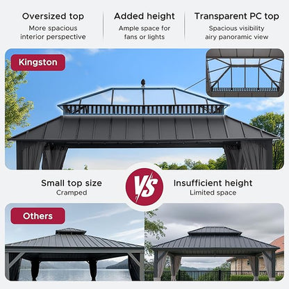 SUNJOY Kingston 16' x 12' Hardtop Gazebo with Galvanized Steel/Polycarbonate Double Roof, Curtain and Netting, Gray Aluminum Posts Permanent Pavilion Gazebo for Garden, Patio, Deck, Lawn