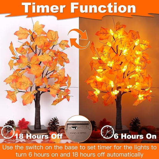 2 Pack 24 Inch Artificial Lighted Fall Maple Tree Thanksgiving Decorations with 48 LEDs Battery Operated Timer Prelit Acorn Maple Tree Lights for Thanksgiving Table Decor Home Indoor Autumn Harvest