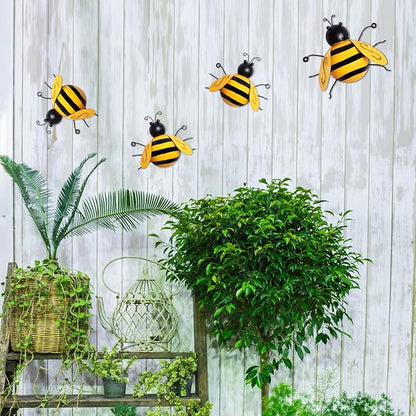 MorTime 4 Pack Metal Bee Wall Art Sculptures Garden Decorations, Hanging Bee Wall Decor Indoor Outdoor Garden Yard Lawn Decor