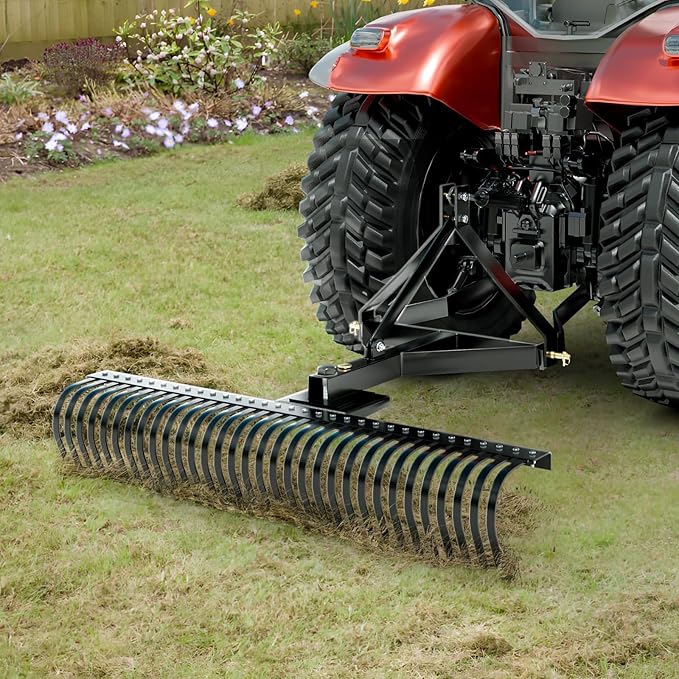 VEVOR Tow Behind Dethatcher, 60-inch Tow Dethatcher with 32 Steel Tines, 3-Point Lawn Dethatcher Rake with Attachments for Tractor, Landscape Rake for Garden, Farm, Grass