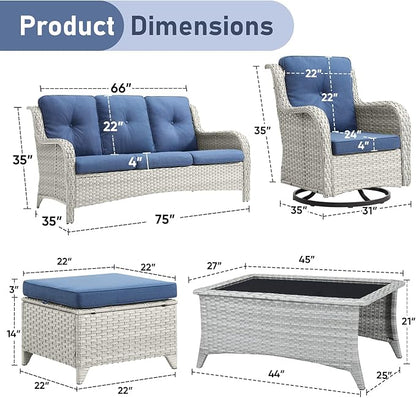 Wicker Outdoor Conversation Set-6 Pieces Outdoor Wicker High Back Couch with Swivel Rocker Chairs Patio Furniture for Deck Poolside Backyard-Light Grey/Blue
