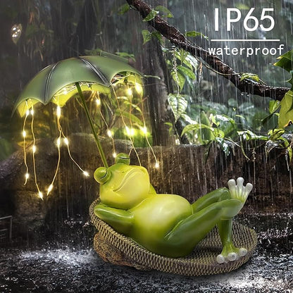 Solar Frog Garden Decor Outdoor Statue - Frogs Umbrella LED Waterproof Sculptures Lights, Cute Frog Pond/Yard Statues Outside Decoration, Home, Lawn, Patio, Resin Animal Ornament, Women/Gardening Gift