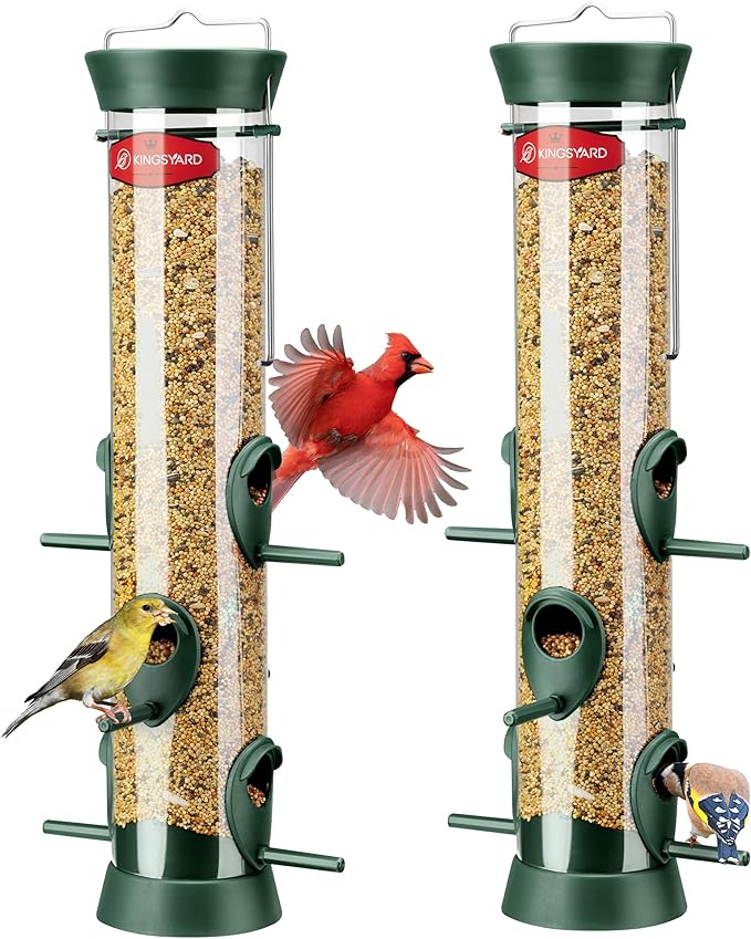 Kingsyard 2 Pack Tube Bird Feeder for Outdoors Hanging, Removable Base and Perch, 6 Feeding Ports - Easy to Clean, Premium Hard Plastic, Attracting for Finches Cardinals (Green)