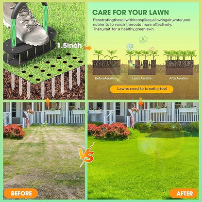 Lawn Aerator Spikes Aerating Tool, Manual Aeration Tools with Padded T-Handle, Wide Foot Plate, 15 3 Inch Solid Steel Spikes, Yard Aerators for Lawn Yard & Garden