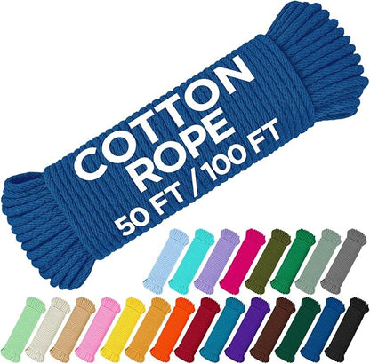 TECEUM Cotton Rope 3/16” (5 mm) – 50 FT – Strong All-Purpose Braided Rope – Natural Cotton – for Crafting, Сamping, Clothes Line, DIY, Indoor & Outdoor Use – Blue
