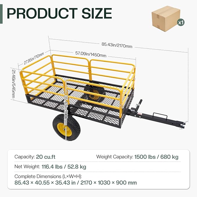 Jocisland Heavy Duty Garden Utility Trailer, 1500 Lbs 20 Cu.Ft ATV UTV Trailer Tow Behind Dump Cart with Removable Sides and Convenient Handle, Yard Lawn Mower Cart for Tractor