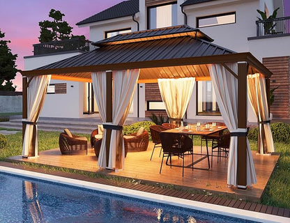 YOLENY 12' x 18' Hardtop Gazebo, Wood Grain Aluminum Frame Outdoor Gazebo with Galvanized Steel Roof, Permanent Metal Pavilion with Curtains and Nettings for Patio, Backyard, Deck and Lawns